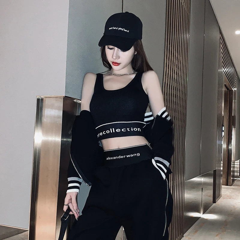 钱夫人美背女无缝字母露脐短款外穿打底小吊带纯色字母运动背心