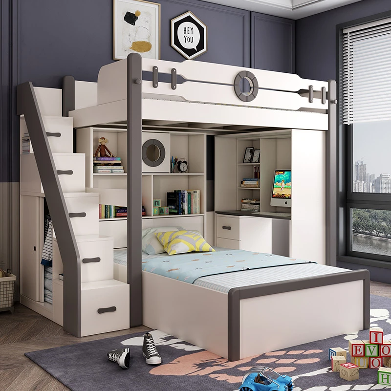 北欧儿童多功能高低床上床下书桌床一体衣柜组合床实木上下双层床