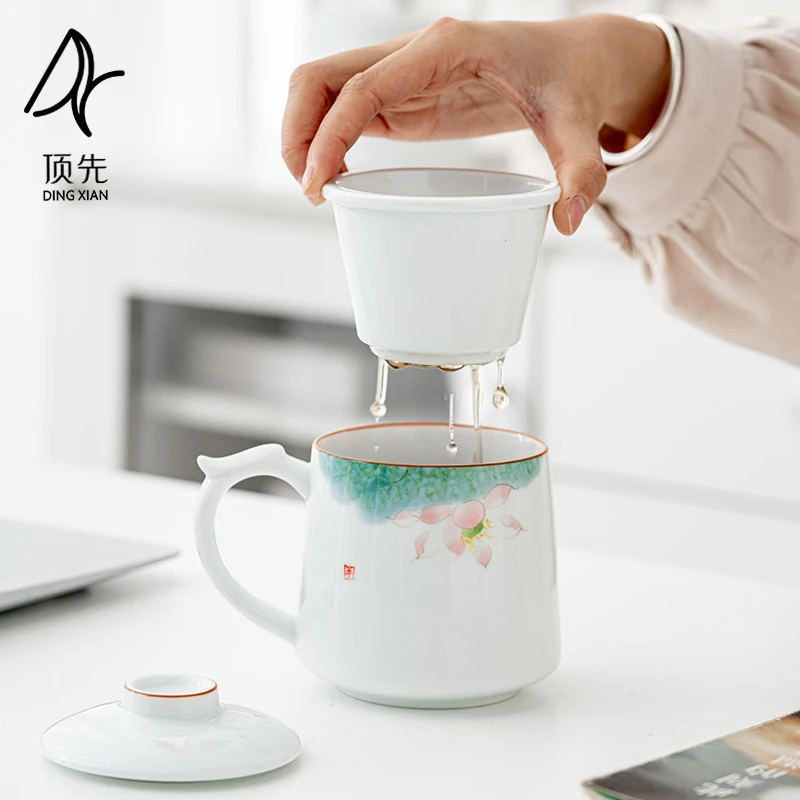 顶先 荷花手绘陶瓷三件套办公杯茶杯陶瓷过滤带盖 A708