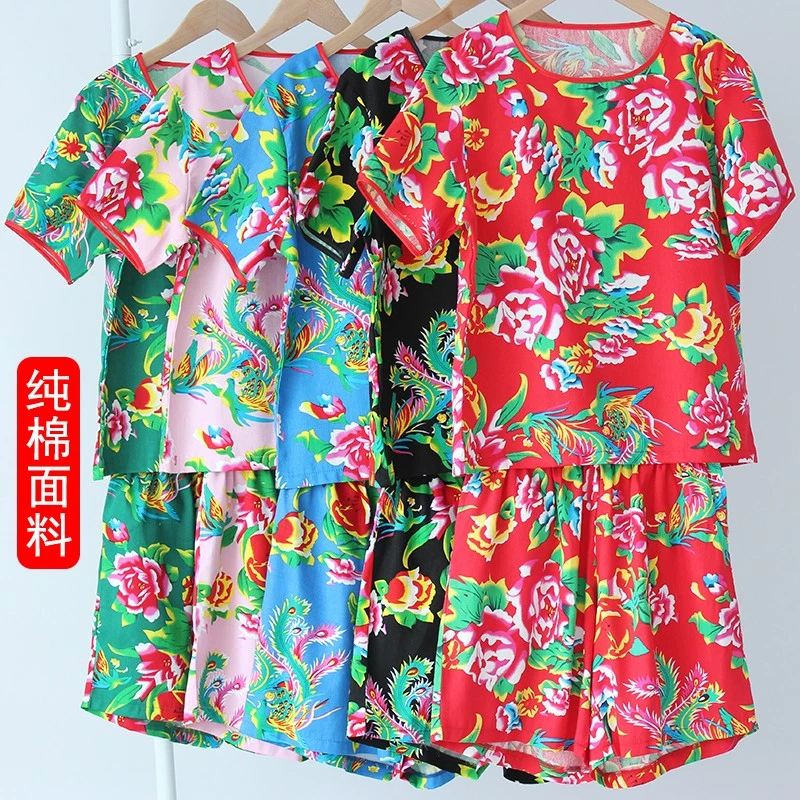 东北大花布纯棉短袖T恤潮短裤套装民族风二人转抖音演出服男女夏