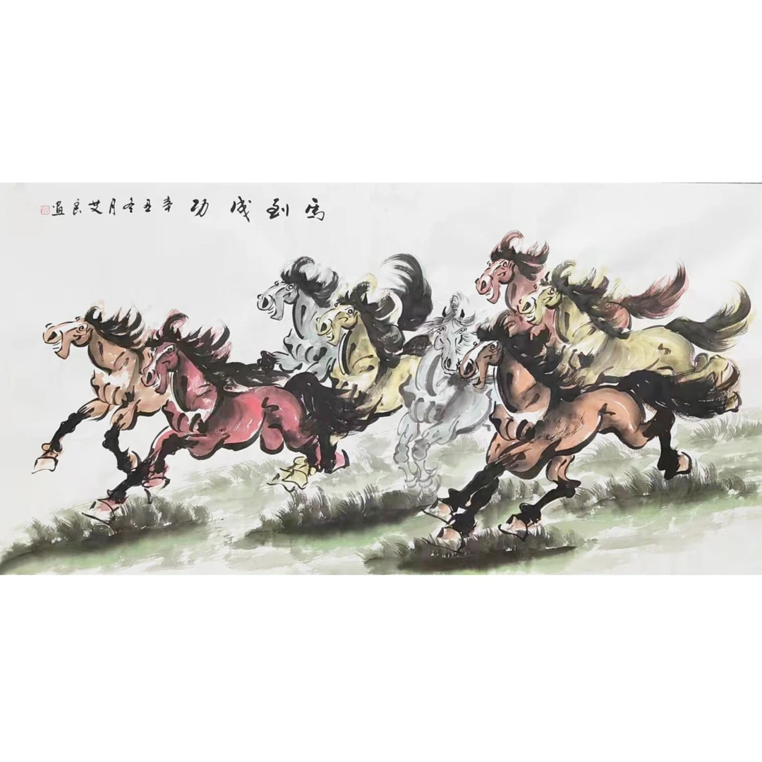 马到成功八骏图 手绘国画横屏办公室客厅沙发墙 138x68cm180x68cm