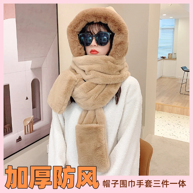 帽子围巾一体女冬百搭可爱手套秋冬韩国加厚韩版骑车保暖围脖连帽