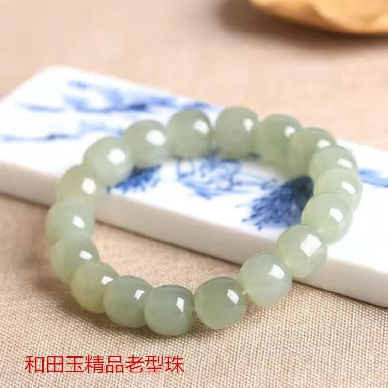 天然和田玉青玉老型珠高档女款手链基地发货附国检证书厂家直销