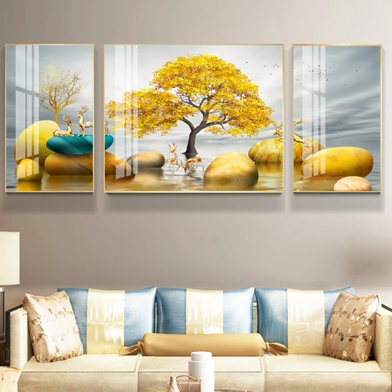 【京东快递 送货到家】--客厅沙发背景现代轻奢晶瓷晶钻三联画晶