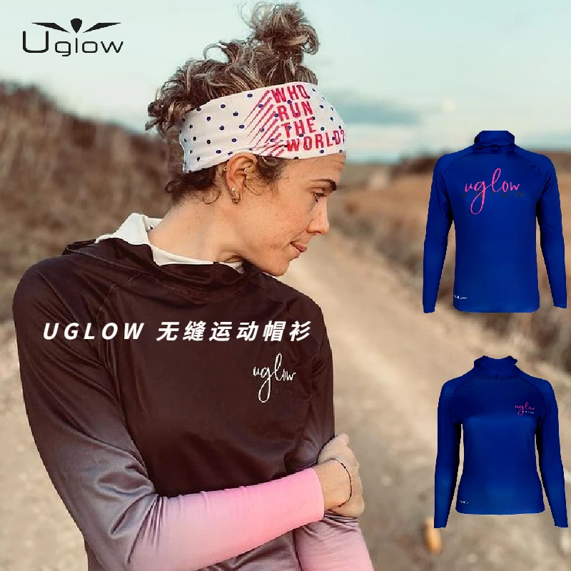 UGLOW四折无缝运动帽衫男女款春秋季户外跑步蓝色透气连帽上衣