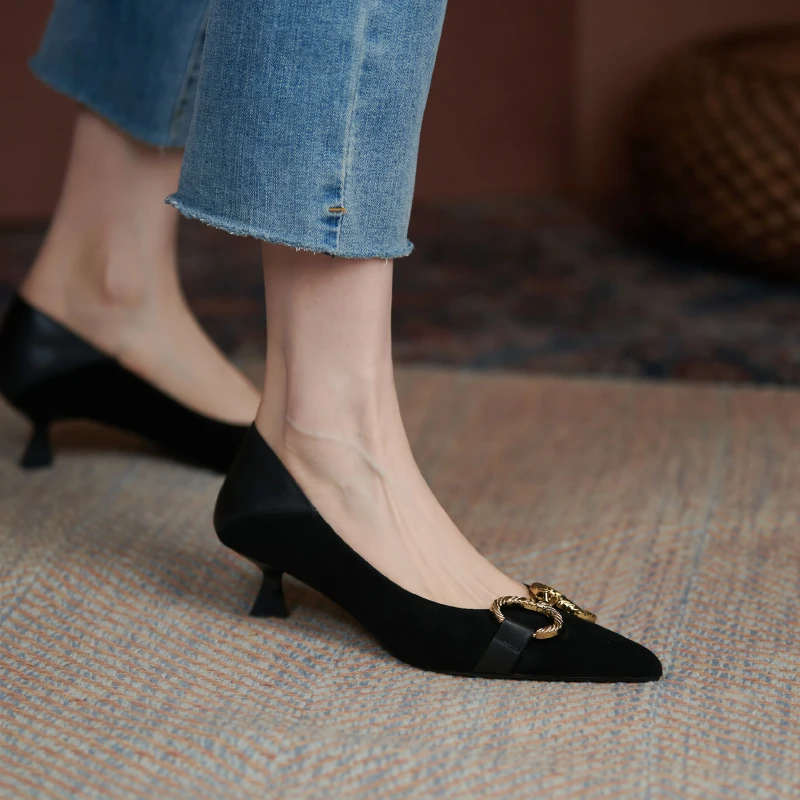 软羊皮/3公分跟 真皮单鞋女 细跟尖头高跟鞋低跟鞋猫跟小跟鞋