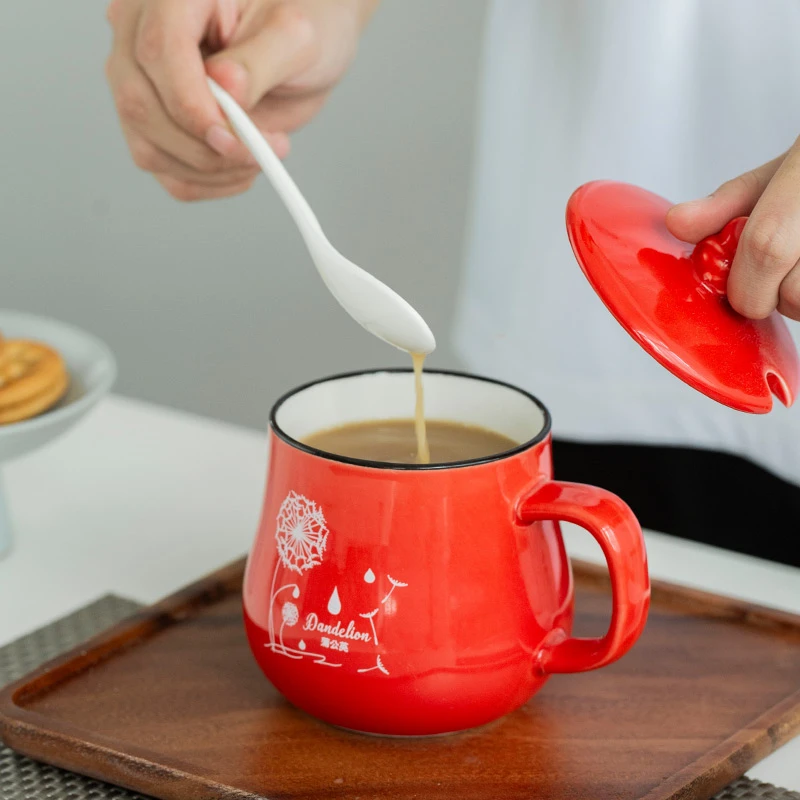 泉劲创意杯子陶瓷马克杯带盖勺情侣喝水杯马克杯家用陶瓷咖啡杯