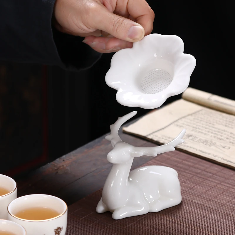 德化羊脂玉茶漏陶瓷茶水分离器一鹿有你茶滤不锈钢白瓷滤茶器过滤