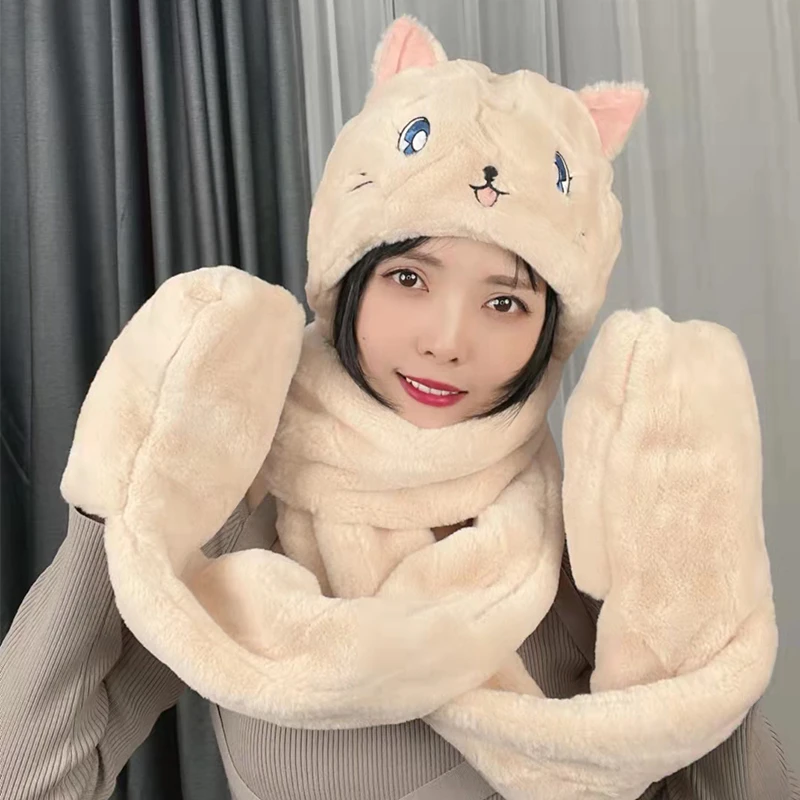 小猫毛绒帽子围巾手套三件套三合一体女冬季可爱耳朵加厚保暖围脖