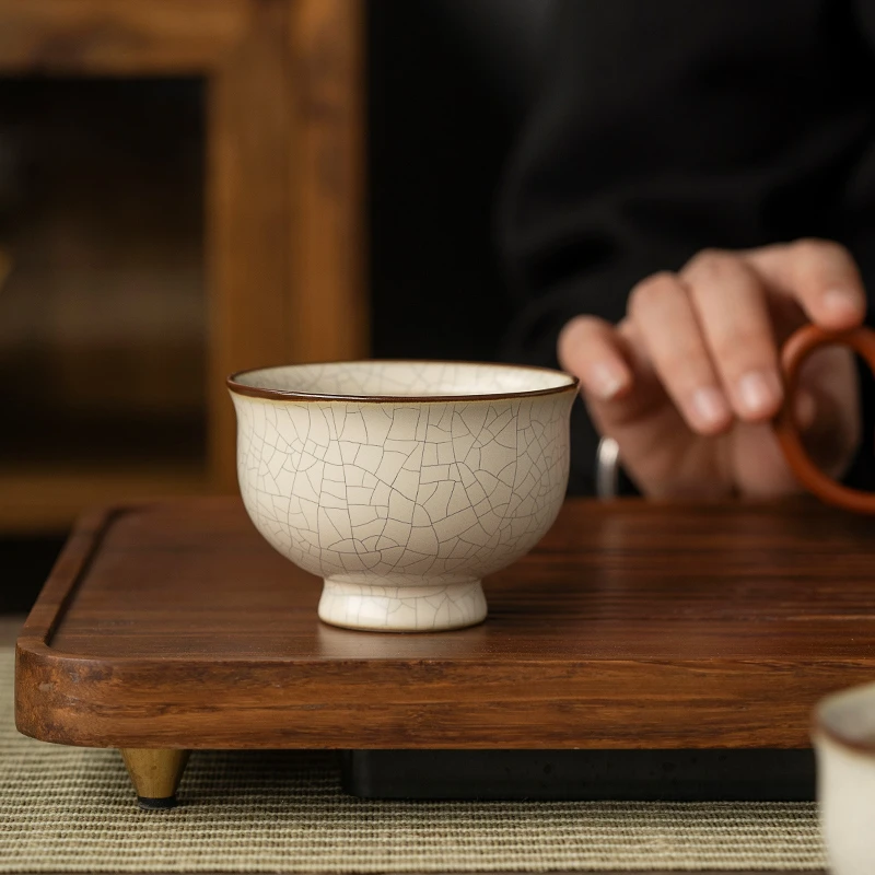 拙器烧汝窑米黄开片茶杯陶瓷功夫茶具主人手工大号家用复古单杯