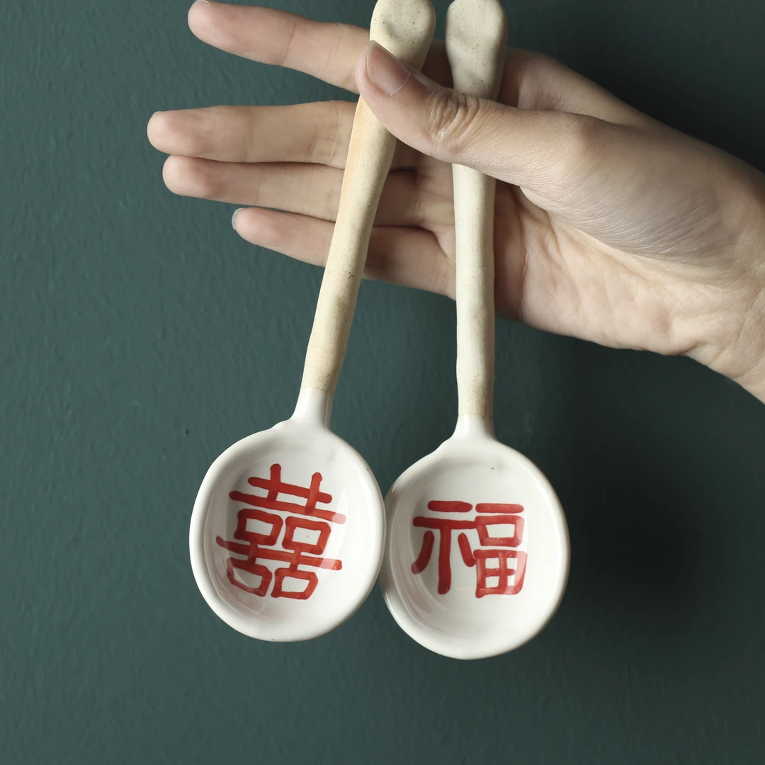 喜福陶瓷手绘小勺一对装，小清新中式复古风