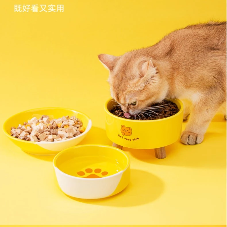 [达人]狗狗猫咪萌宠陶瓷三件套瓷碗可爱吃饭家用创意盆防打翻7802