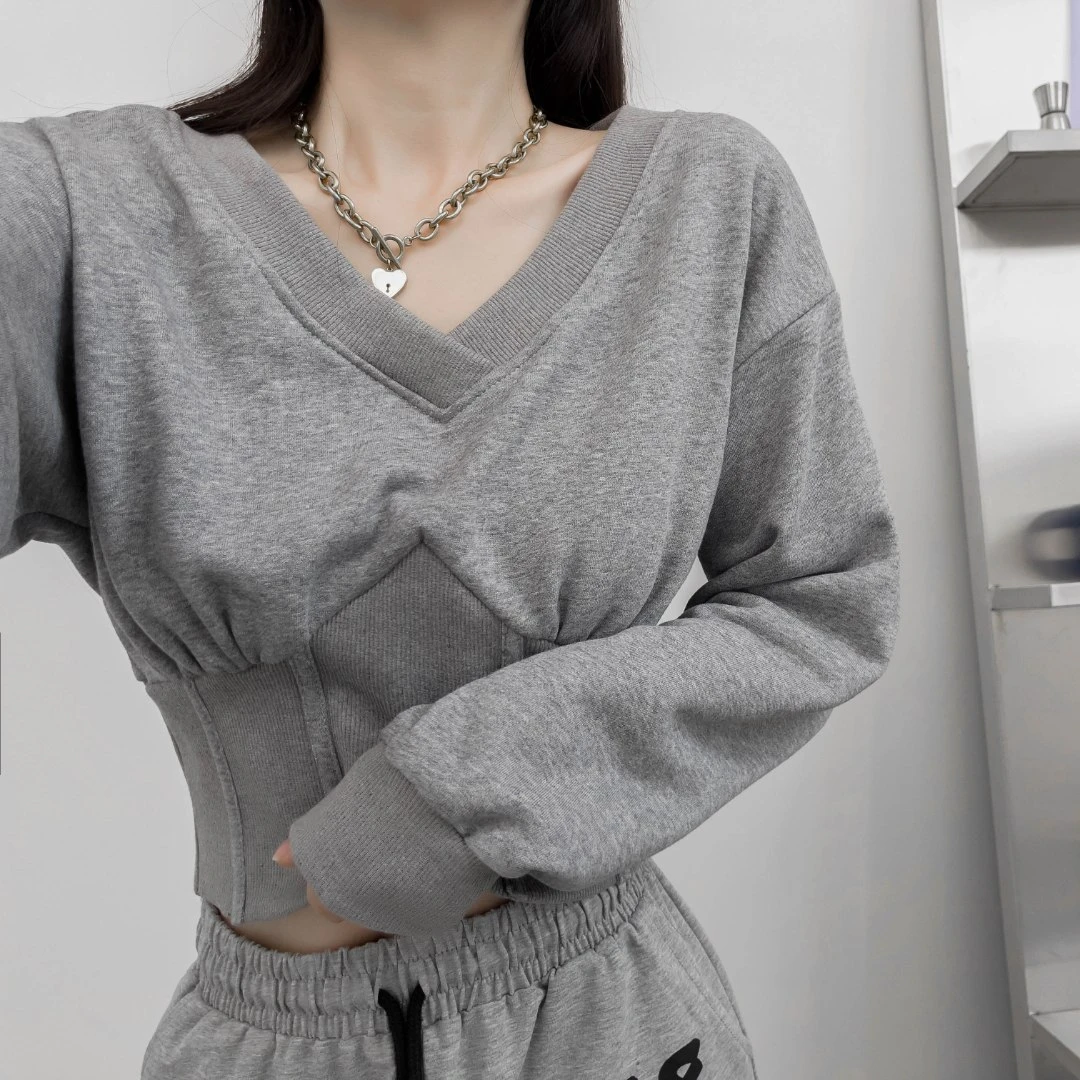 欧美鱼骨收腰V领卫衣女短款修身显瘦运动束腰跳舞上衣春秋