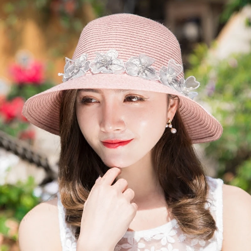 帽子女夏天草帽可折叠花朵遮阳帽出游防晒帽海边大沿沙滩帽太阳帽