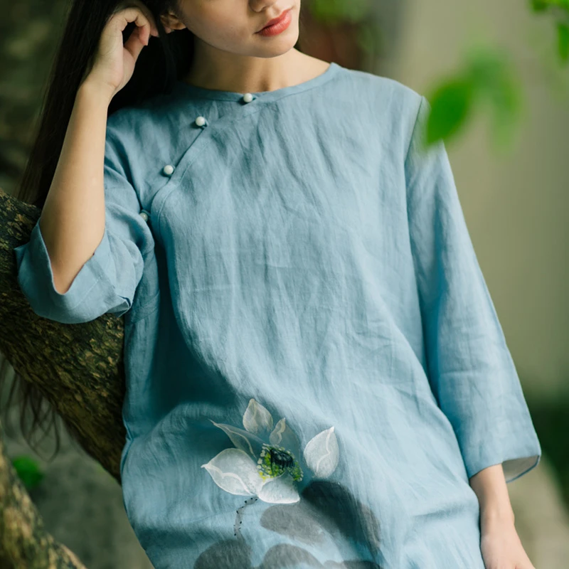 【清荷语】夏装新款文艺宽松显瘦圆领衬衫上衣女盘扣小个子连衣裙
