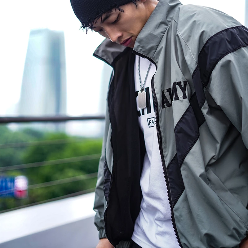 GUNCHILL军事风大码工装文艺复古外套V型拼接布料运动服拉链男士