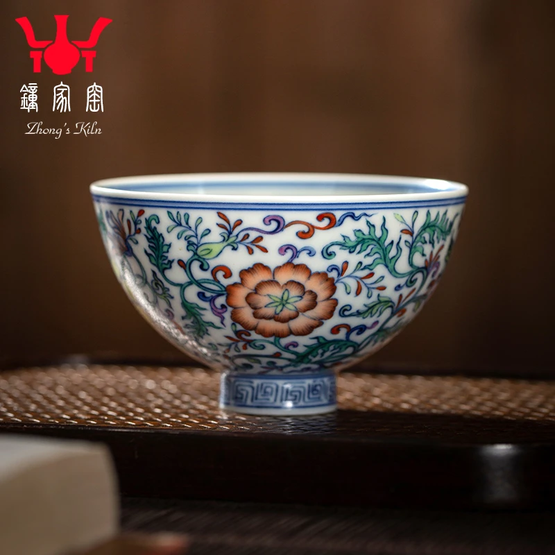 钟家窑茶杯主人杯 景德镇纯手绘青花斗彩柴窑缠枝花卉鸡心杯家用