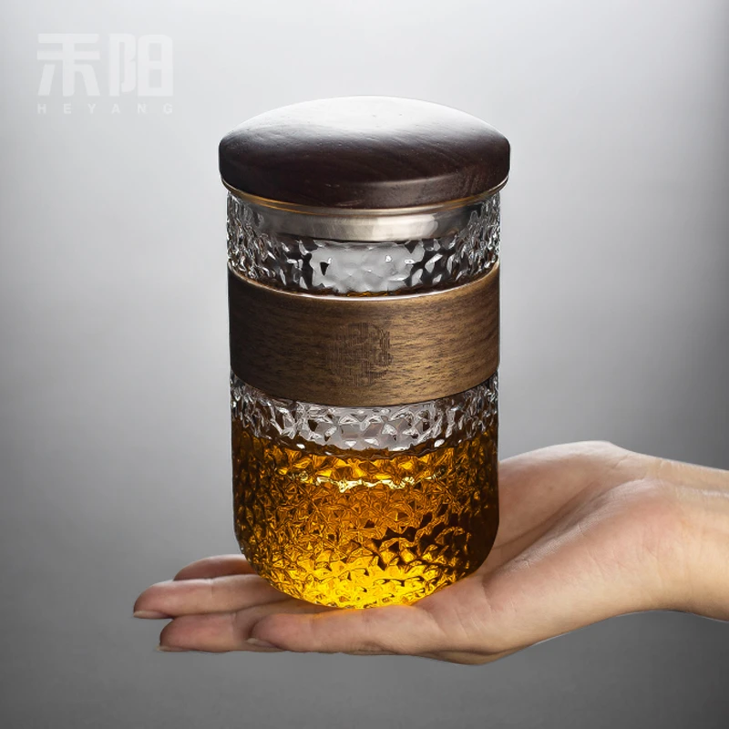 日式锤纹玻璃杯三件杯茶水分离带过滤泡茶杯随身防烫喝茶杯子耐热