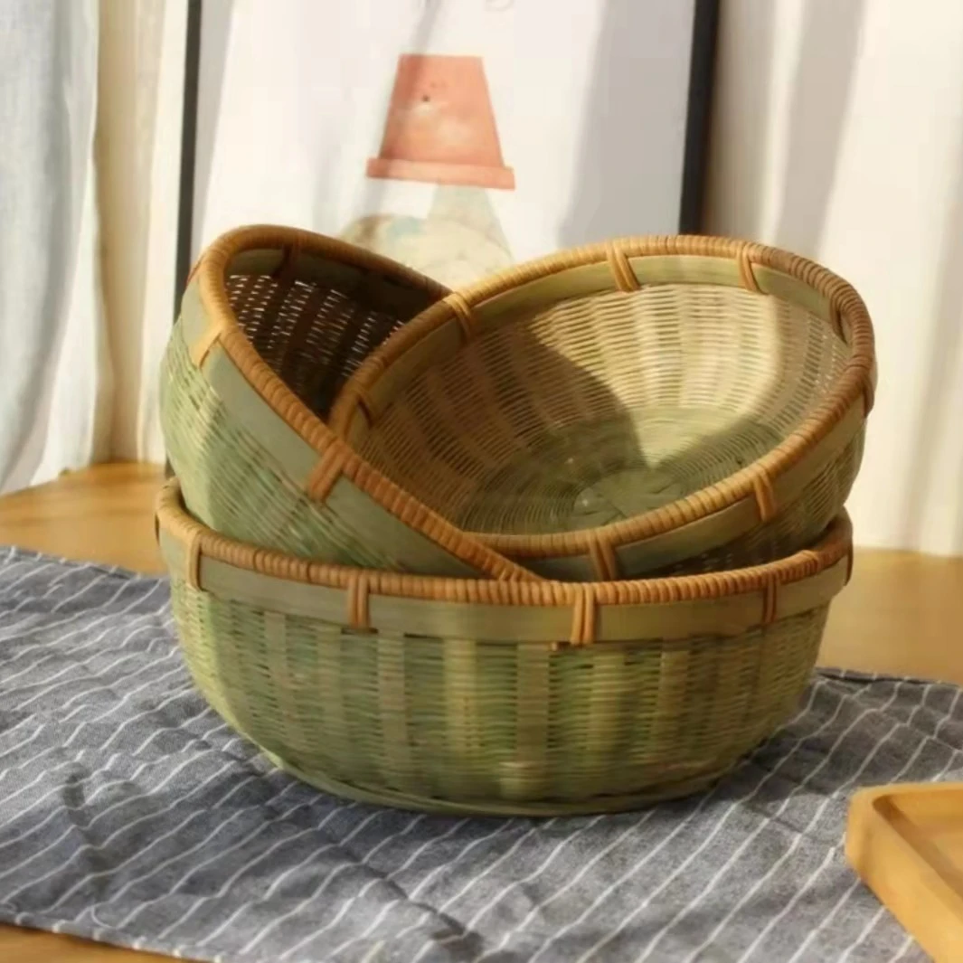 A款家用手工竹编筐盛膜馒头竹篮子厨房收纳藤编洗菜水果沥水篮
