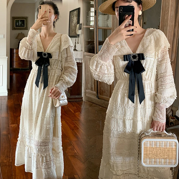 大码女码春季复古裙子减龄蕾丝打底连衣裙外出仙女裙遮肚显瘦长裙