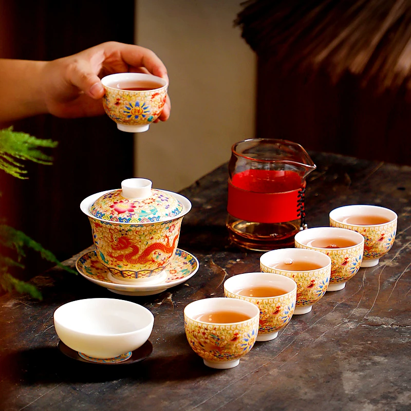 六晋珐琅彩龙凤呈祥茶具套装 家用办公室会客功夫茶具整套礼盒装