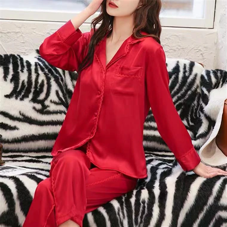 新款长袖长裤领口袖口蕾丝花边轻奢睡衣家居服套装（80---155斤）
