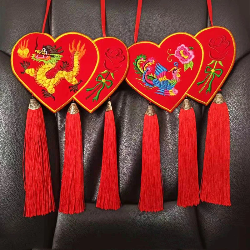 民族风庆阳订婚结婚定婚锁锁龙凤鸳鸯双面刺绣挂件绣花同心荷包