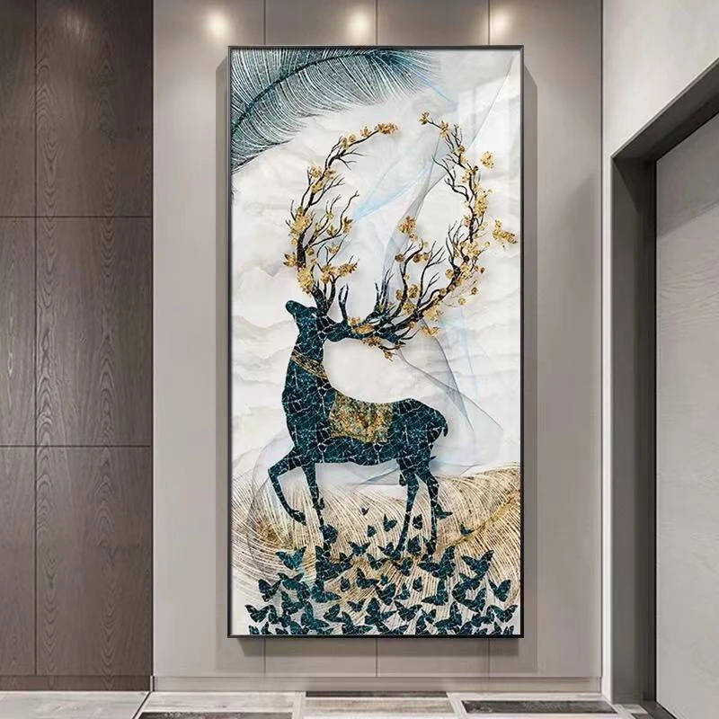 入户玄关装饰画竖版现代简约进门走廊过道壁画挂画轻奢高档晶瓷鹿