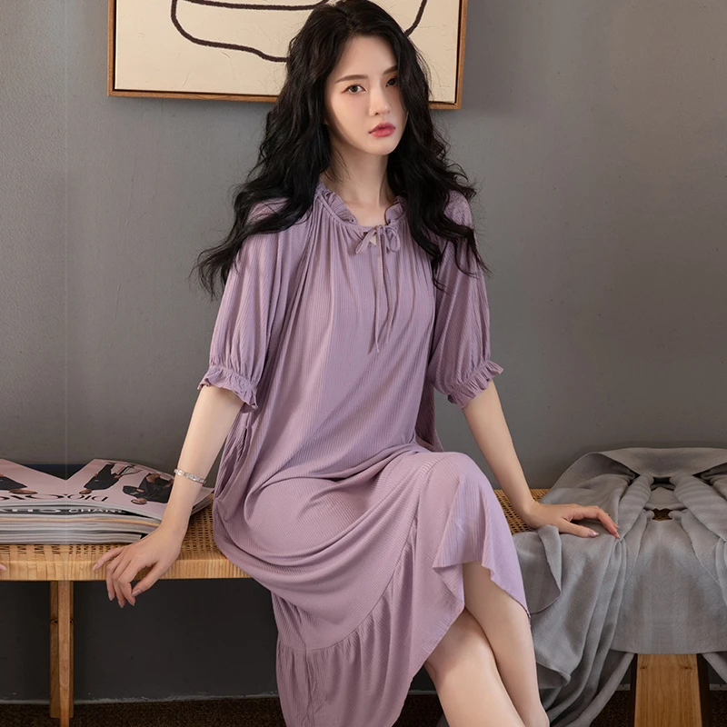 睡裙女夏季莫代尔短袖睡衣裙子2023年新款夏天薄款长款过膝连衣裙