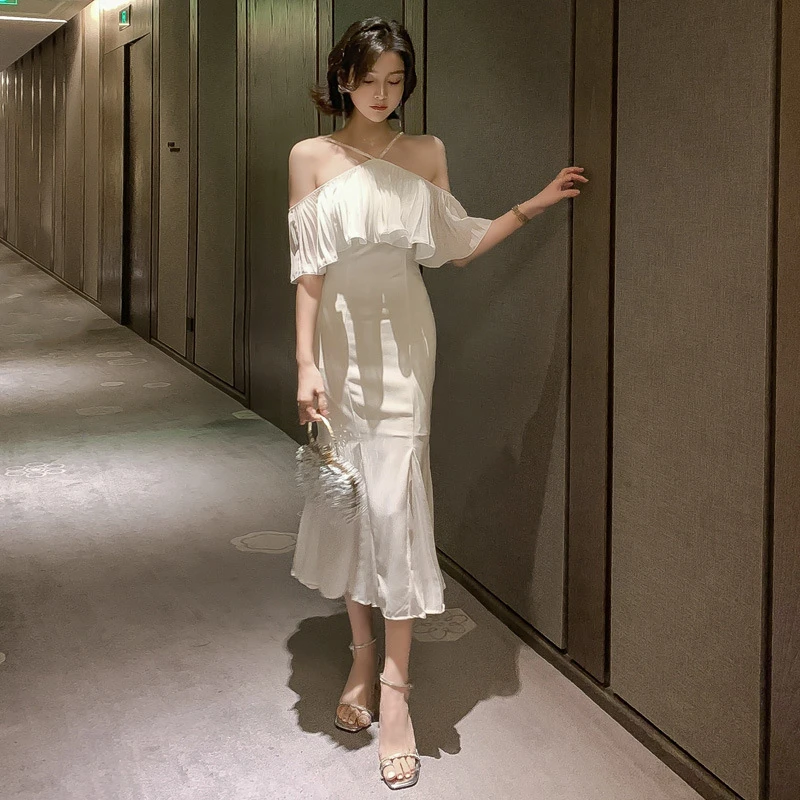1857女装名媛风性感挂脖荷叶边收腰鱼尾裙连衣裙