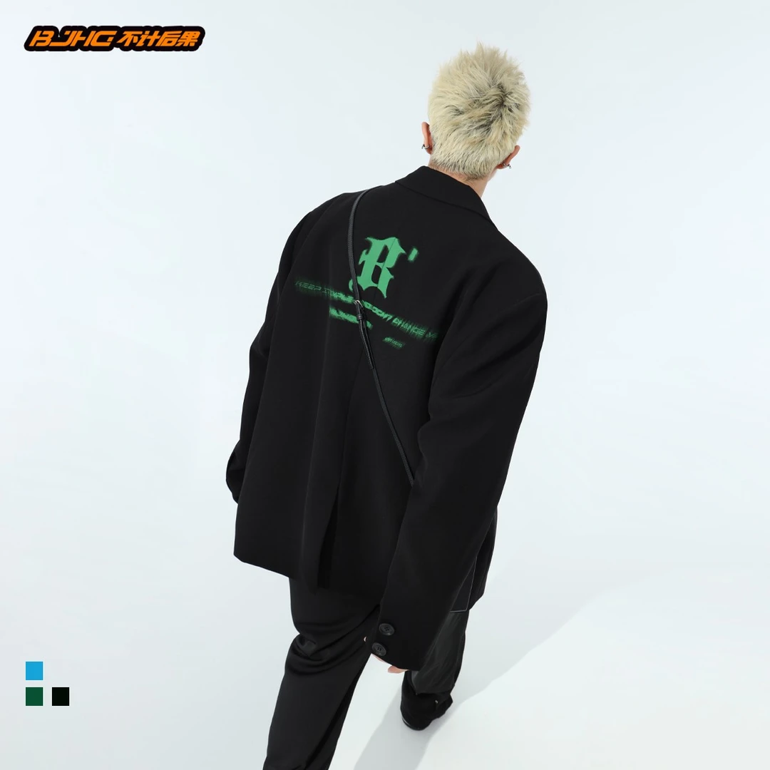 BJHG自制不计后果秋潮绿色挺括垂感西服男女韩版OVERSIZE休闲西装