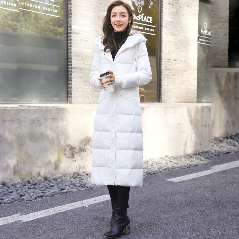 长款羽绒服女过膝2025新款时尚修身连帽外套超长到小腿白色冬装潮