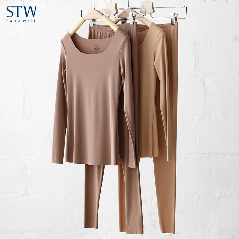 STW.SOTOWELL女士保暖套装莫代尔无痕暖内衣圆领秋衣秋裤打底套装