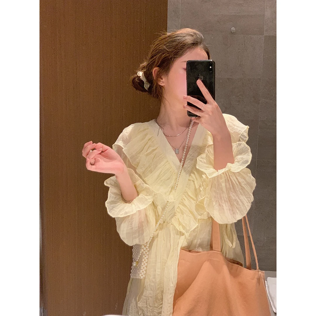 大码女装荷叶边长袖秋季新款雪纺连衣裙时尚淑女显瘦宽松韩版裙子