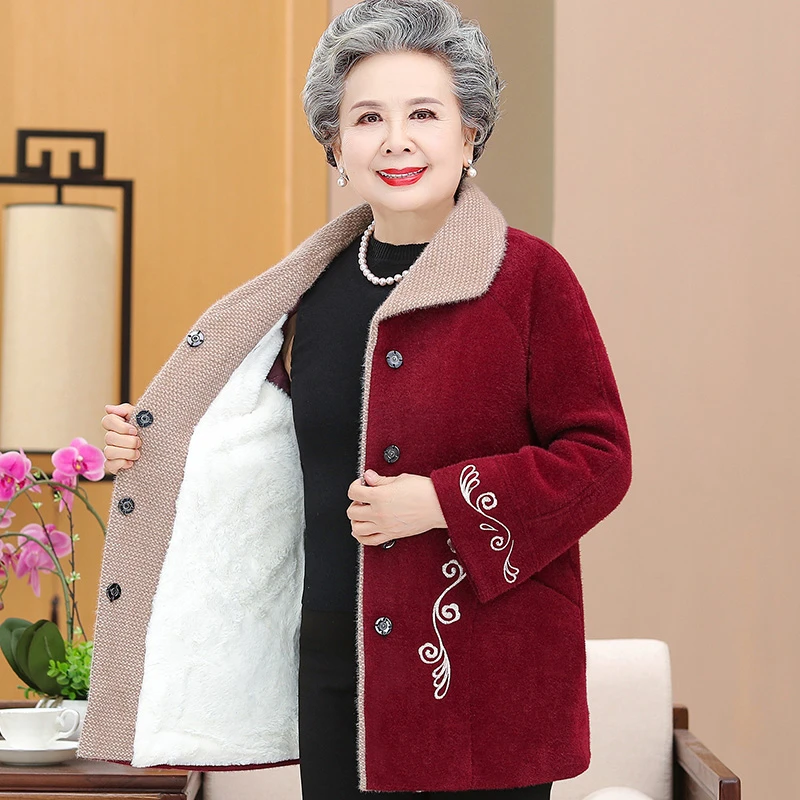 中老年人秋冬装女奶奶毛呢外套新款妈妈加绒加厚老人太太衣服长款