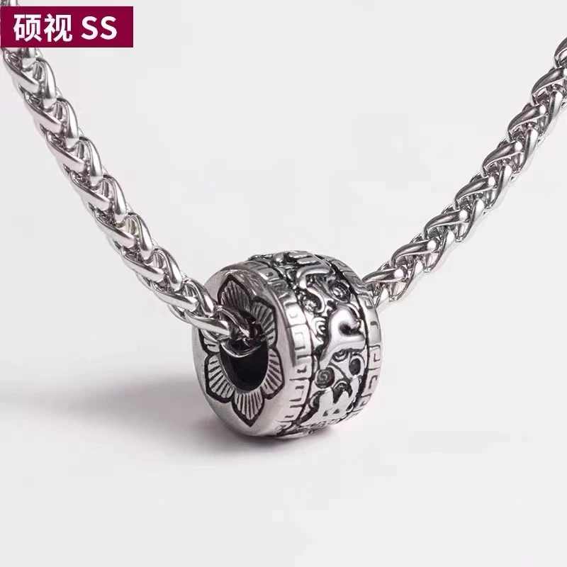 钛钢项链 时尚潮流六字真言可转动吊坠02款情侣礼品坠链银色做旧