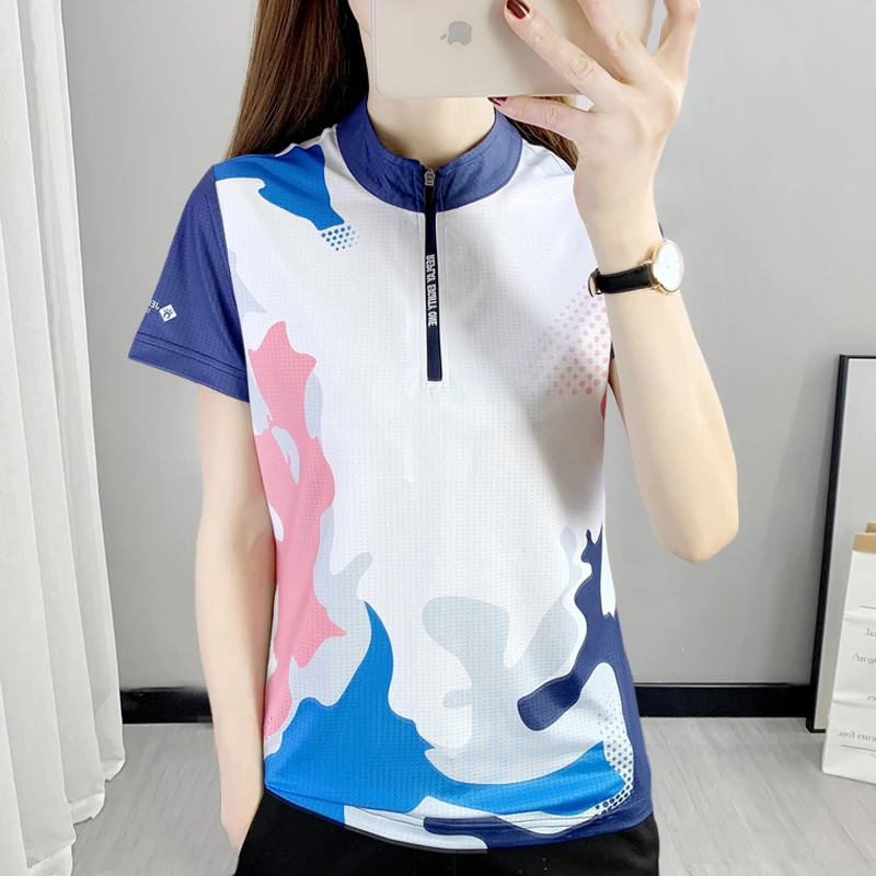 夏季立领印花短袖T恤迷彩透气冰丝速干衣情侣款跑步健身运动衫女