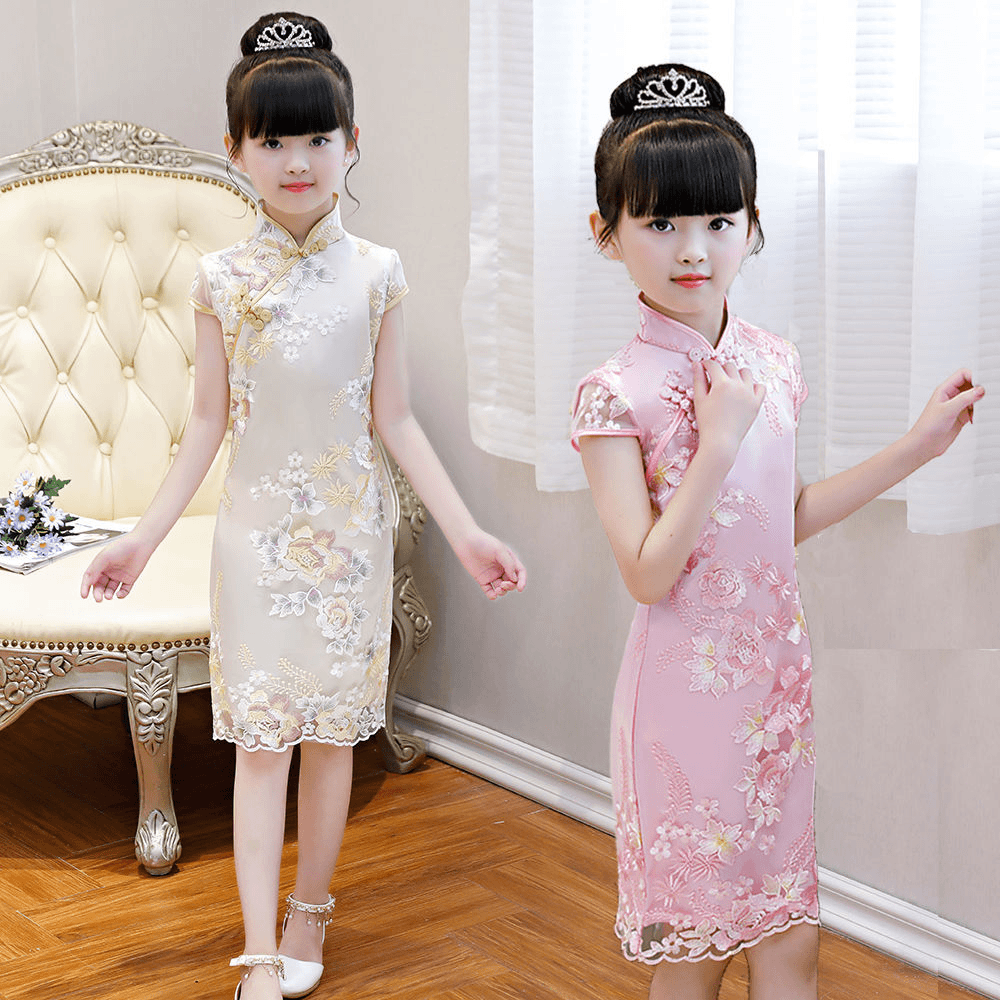 波堡希 新款女童旗袍连衣裙夏儿童礼服2023新款公主裙古筝演出服女孩古装