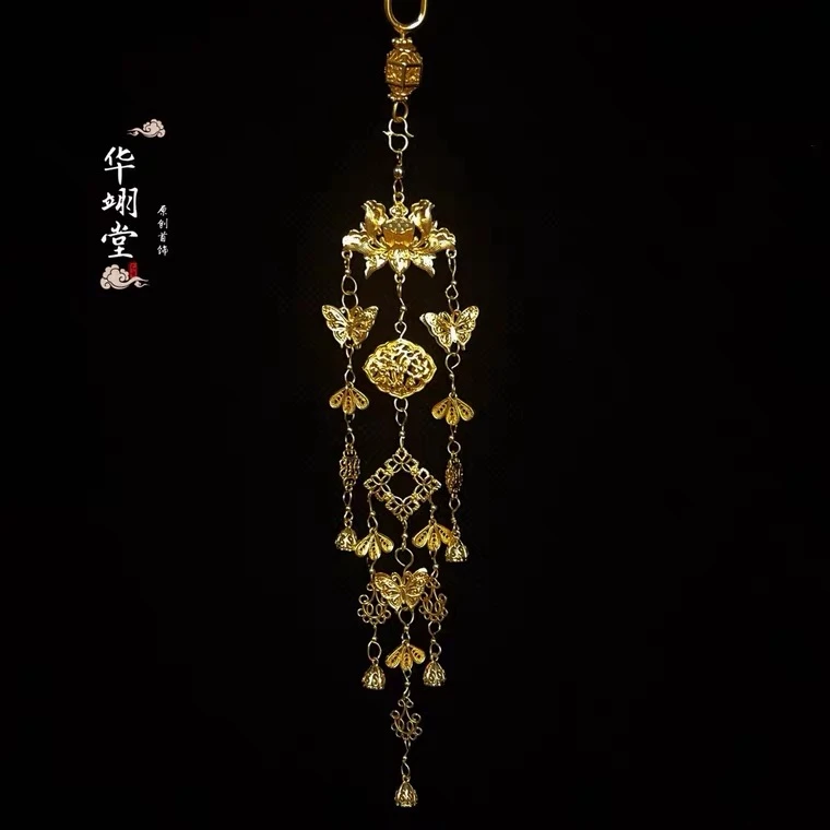 铜合金婚庆饰品 华翊堂原创镀金汉服日常錾刻莲花流苏步摇发簪