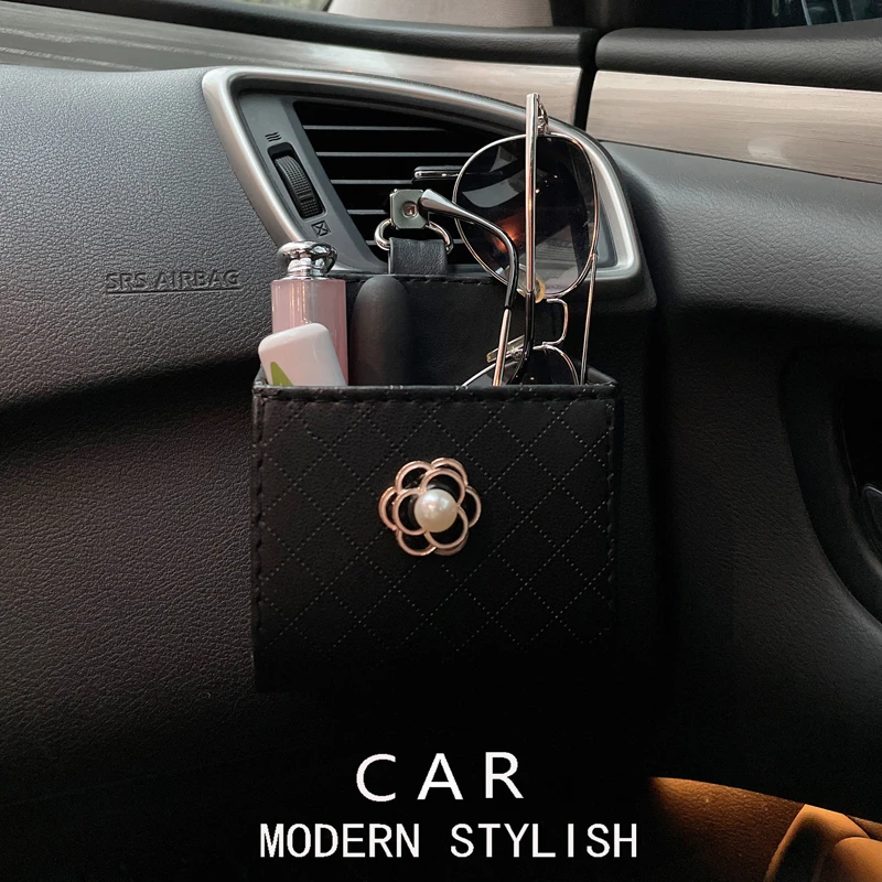 汽车出风口收纳袋挂袋高档山茶花车载置物盒车内储物盒收纳神器女