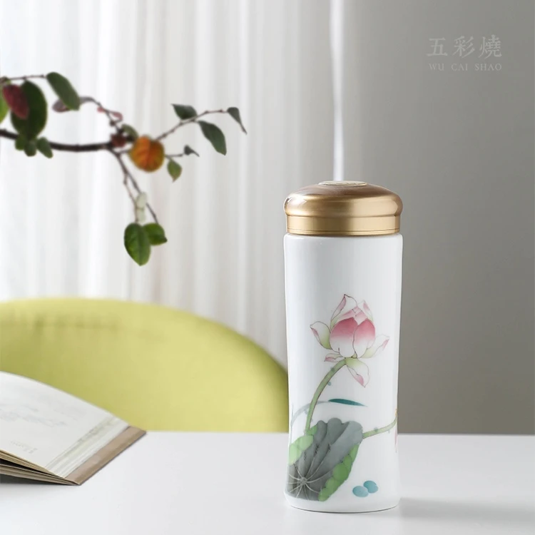 官润窑 手绘陶瓷内胆保温杯便携家用简约泡茶双层瓷隔热水杯手工