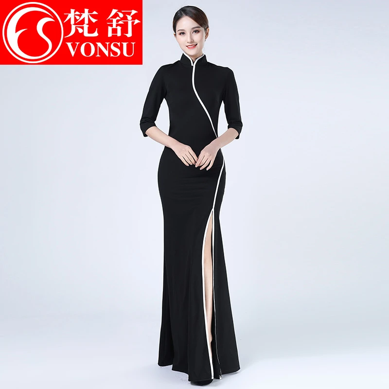 梵舒改良旗袍2023走秀优雅春新款舞蹈连衣裙形体表演出服D9986