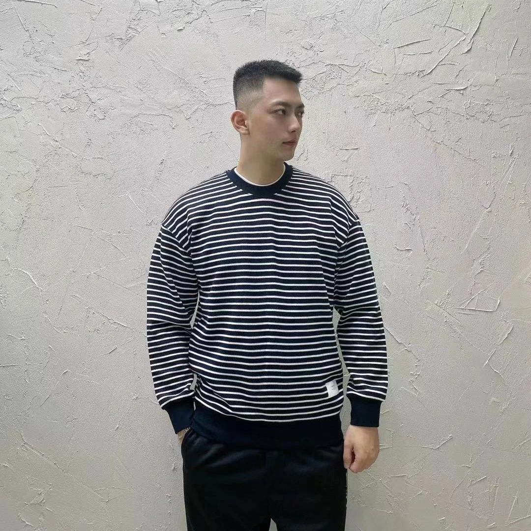 春季男上衣经典条纹卫衣(48小时发货)宽松长袖套头圆领秋季男上衣