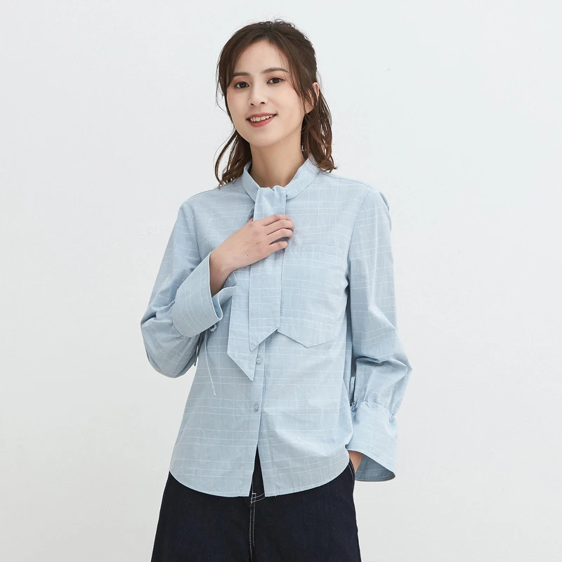 布景衬衫女秋季通勤系带领喇叭袖单排扣格纹简约衬衣BW93CM1277