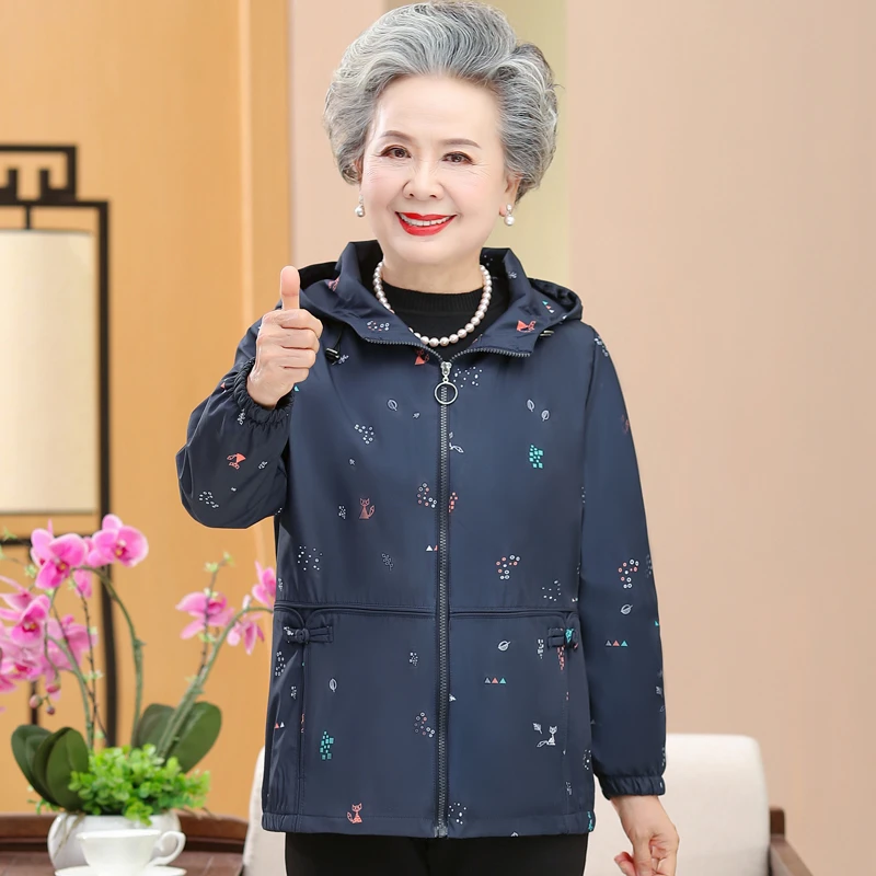 奶奶秋装薄款夹克衫外套长袖连帽60-70岁80老人妈妈衣服太太服装