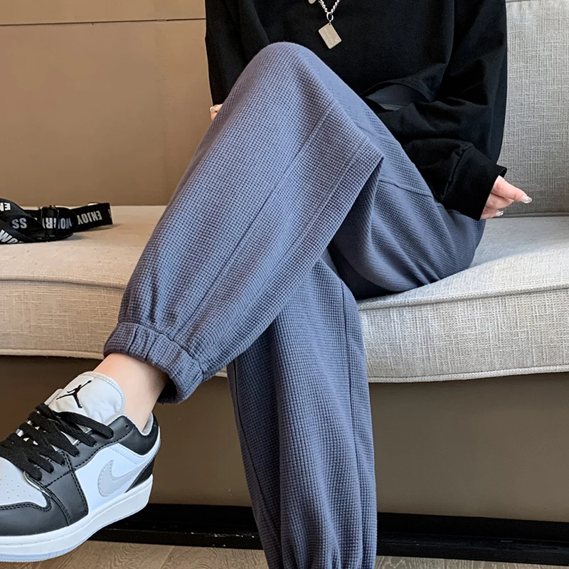 华夫格卫裤女春秋薄款显瘦百搭休闲裤宽松束脚哈伦裤九分运动裤子