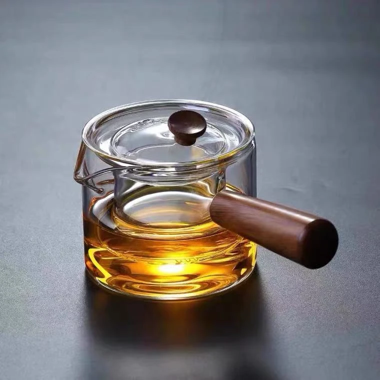实木侧把煮茶壶直觉壶家用高硼硅玻璃煮茶壶 500ml耐热木把泡壶