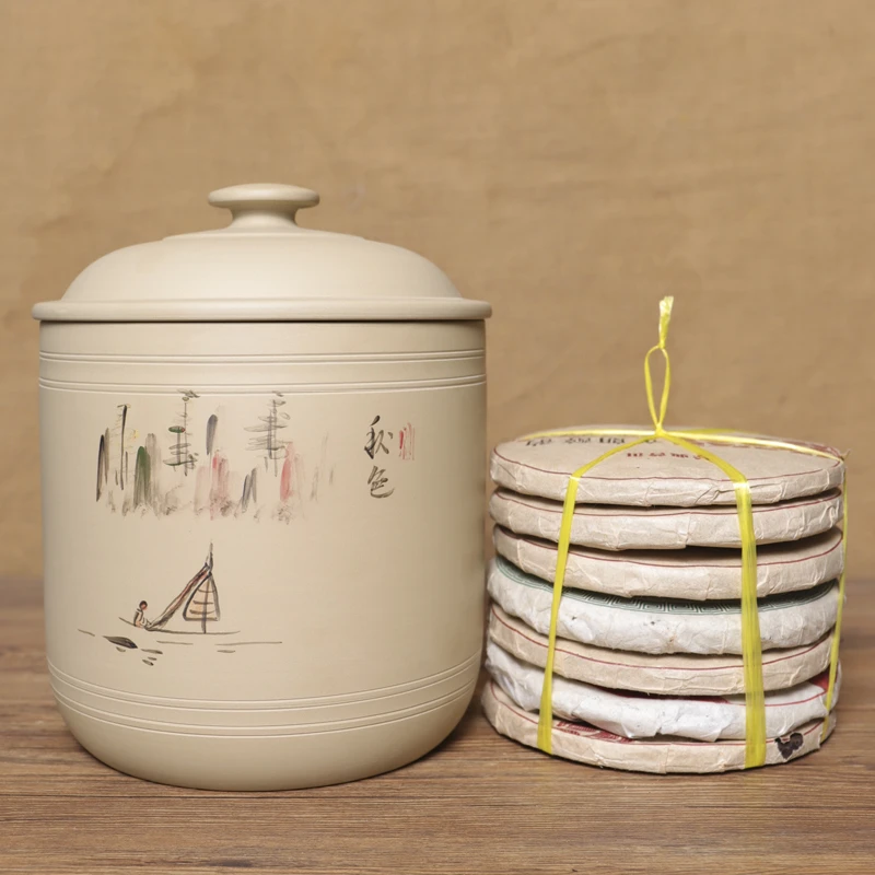 滇匠建水紫陶白泥7-9饼普洱茶叶存茶叶罐高档手工储茶罐梅兰竹菊