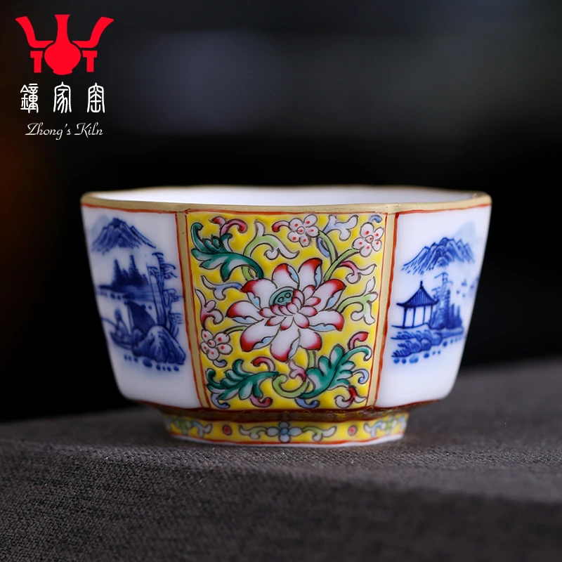 【跨年狂欢价】钟家窑功夫茶杯手绘青花山水珐琅彩缠枝纹六方山水杯