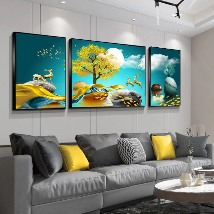 时来运转 客厅沙发背景墙面三联画晶瓷晶钻装饰挂画铝合金装饰画